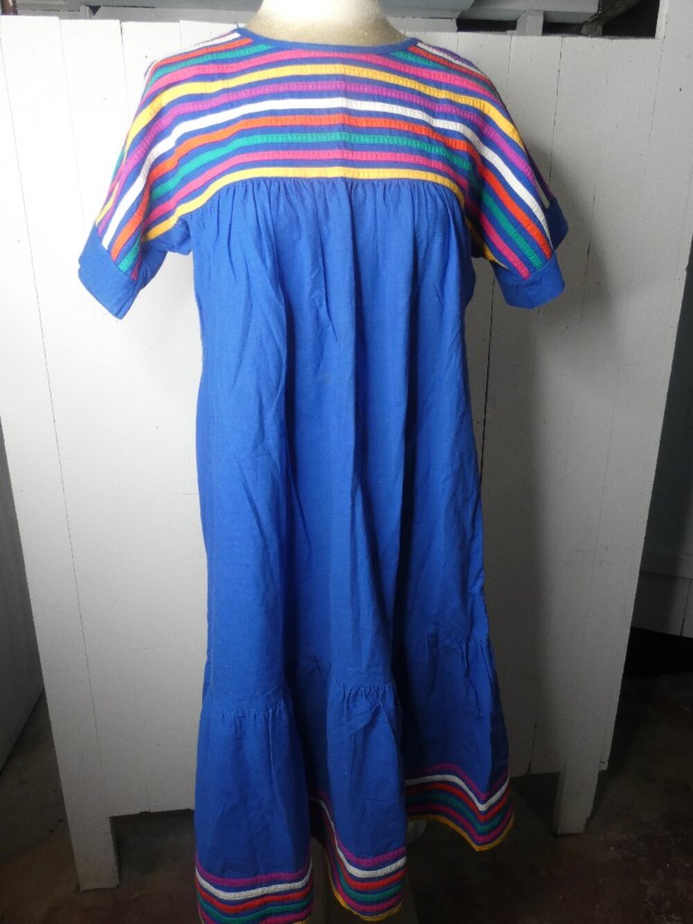 VTG Appel Women S Mumu House Dress Shift Midi Rainbow Blue Cotton Flutter Sleeve